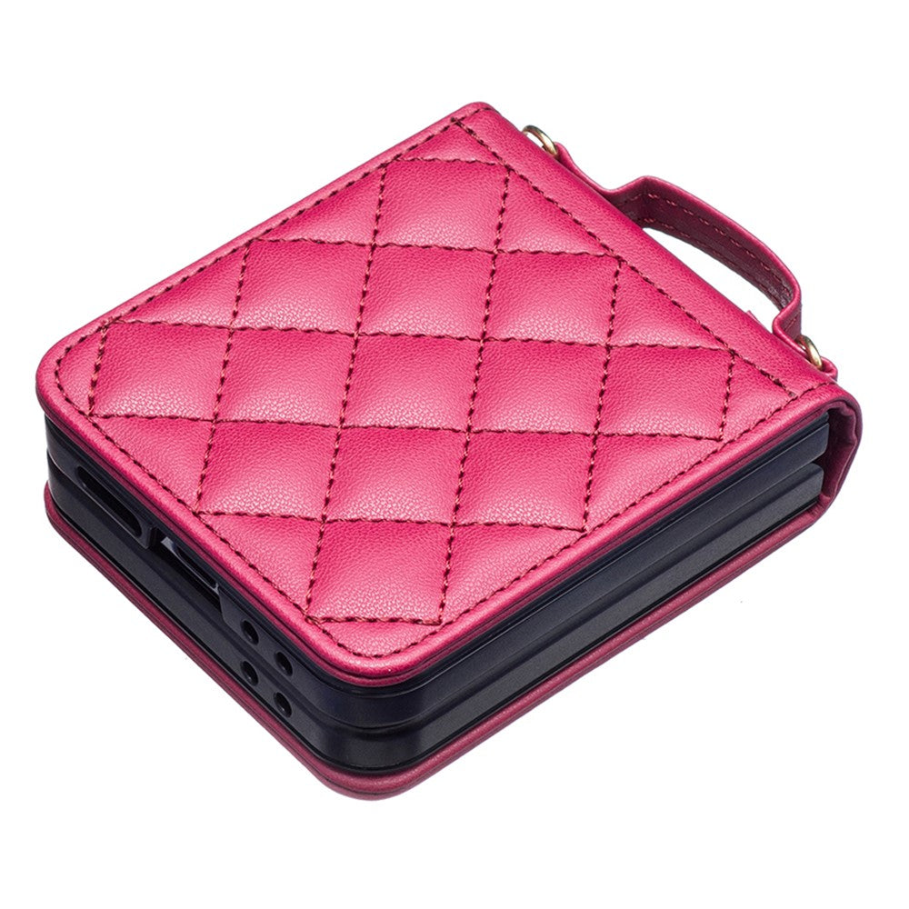 For Samsung Galaxy Z Flip7 FE 5G / Z Flip6 5G / Z Flip5 5G Leather Back Case Rhombus Phone Cover with Shoulder Strap - Rose