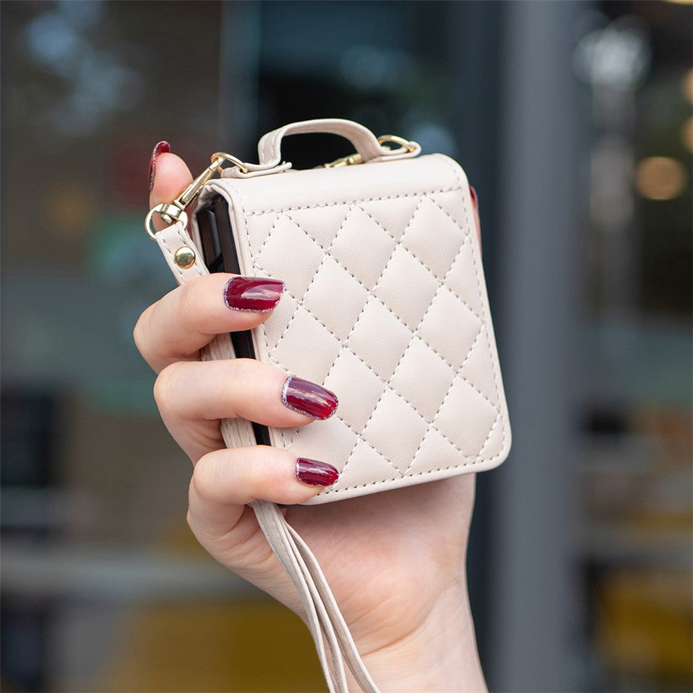 For Samsung Galaxy Z Flip7 FE 5G / Z Flip6 5G / Z Flip5 5G Leather Back Case Rhombus Phone Cover with Shoulder Strap - Beige