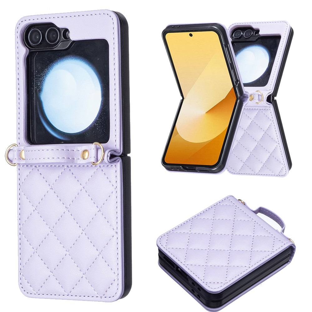For Samsung Galaxy Z Flip7 FE 5G / Z Flip6 5G / Z Flip5 5G Leather Back Case Rhombus Phone Cover with Shoulder Strap - Purple