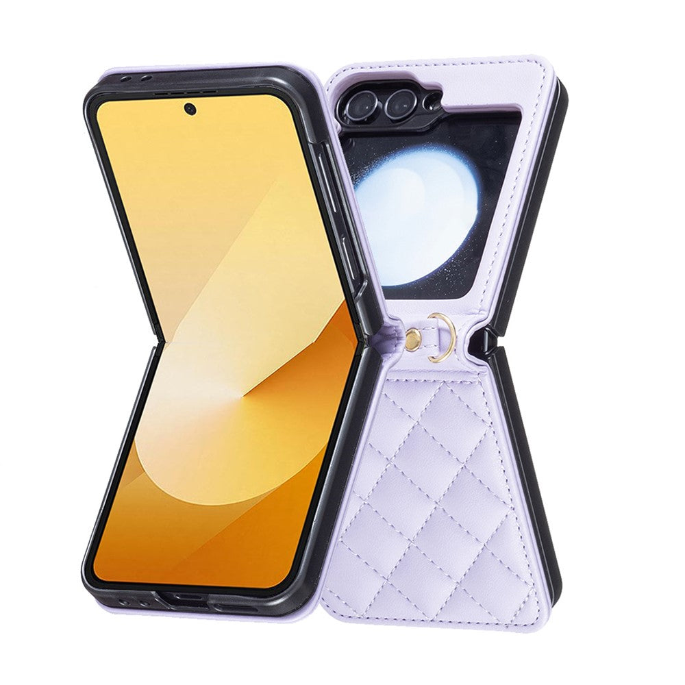 For Samsung Galaxy Z Flip7 FE 5G / Z Flip6 5G / Z Flip5 5G Leather Back Case Rhombus Phone Cover with Shoulder Strap - Purple