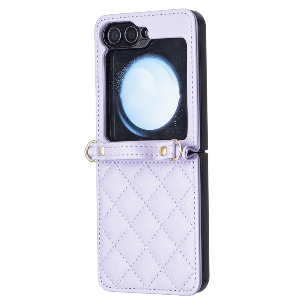 For Samsung Galaxy Z Flip7 FE 5G / Z Flip6 5G / Z Flip5 5G Leather Back Case Rhombus Phone Cover with Shoulder Strap - Purple