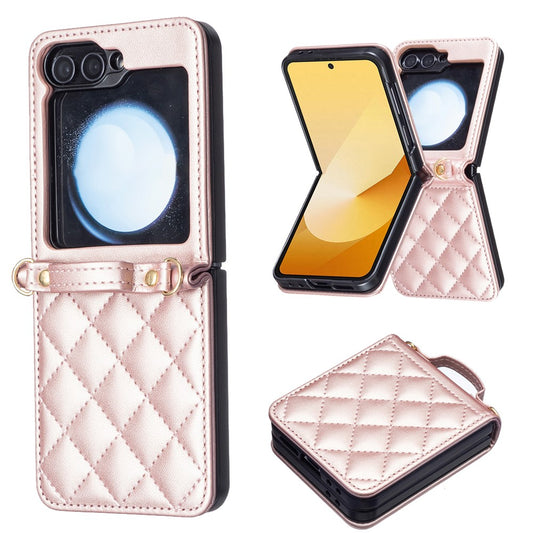 For Samsung Galaxy Z Flip7 FE 5G / Z Flip6 5G / Z Flip5 5G Leather Back Case Rhombus Phone Cover with Shoulder Strap - Rose Gold
