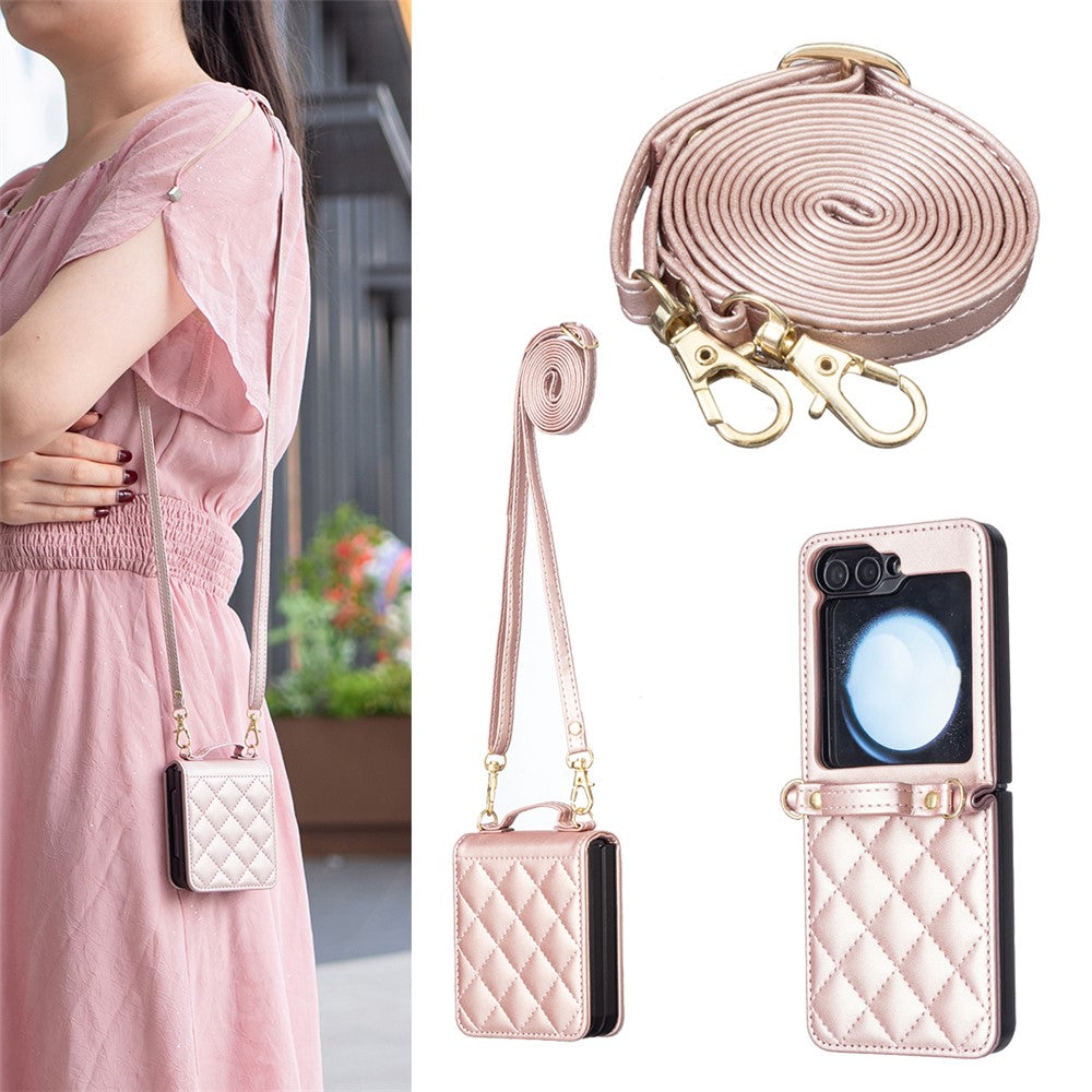 For Samsung Galaxy Z Flip7 FE 5G / Z Flip6 5G / Z Flip5 5G Leather Back Case Rhombus Phone Cover with Shoulder Strap - Rose Gold