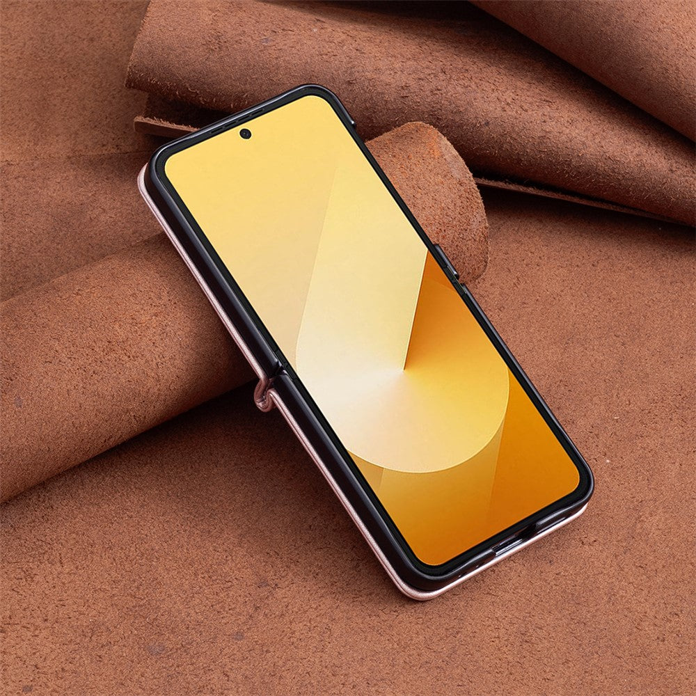 For Samsung Galaxy Z Flip7 FE 5G / Z Flip6 5G / Z Flip5 5G Leather Back Case Rhombus Phone Cover with Shoulder Strap - Rose Gold