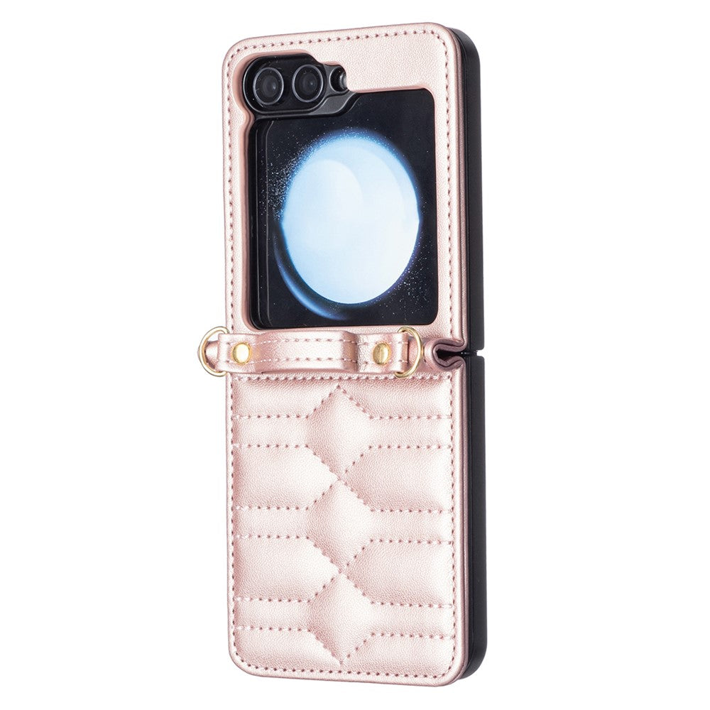 For Samsung Galaxy Z Flip7 FE 5G / Z Flip6 5G / Z Flip5 5G Leather Case V-Shape Grip Back Cover with Shoulder Strap - Rose Gold