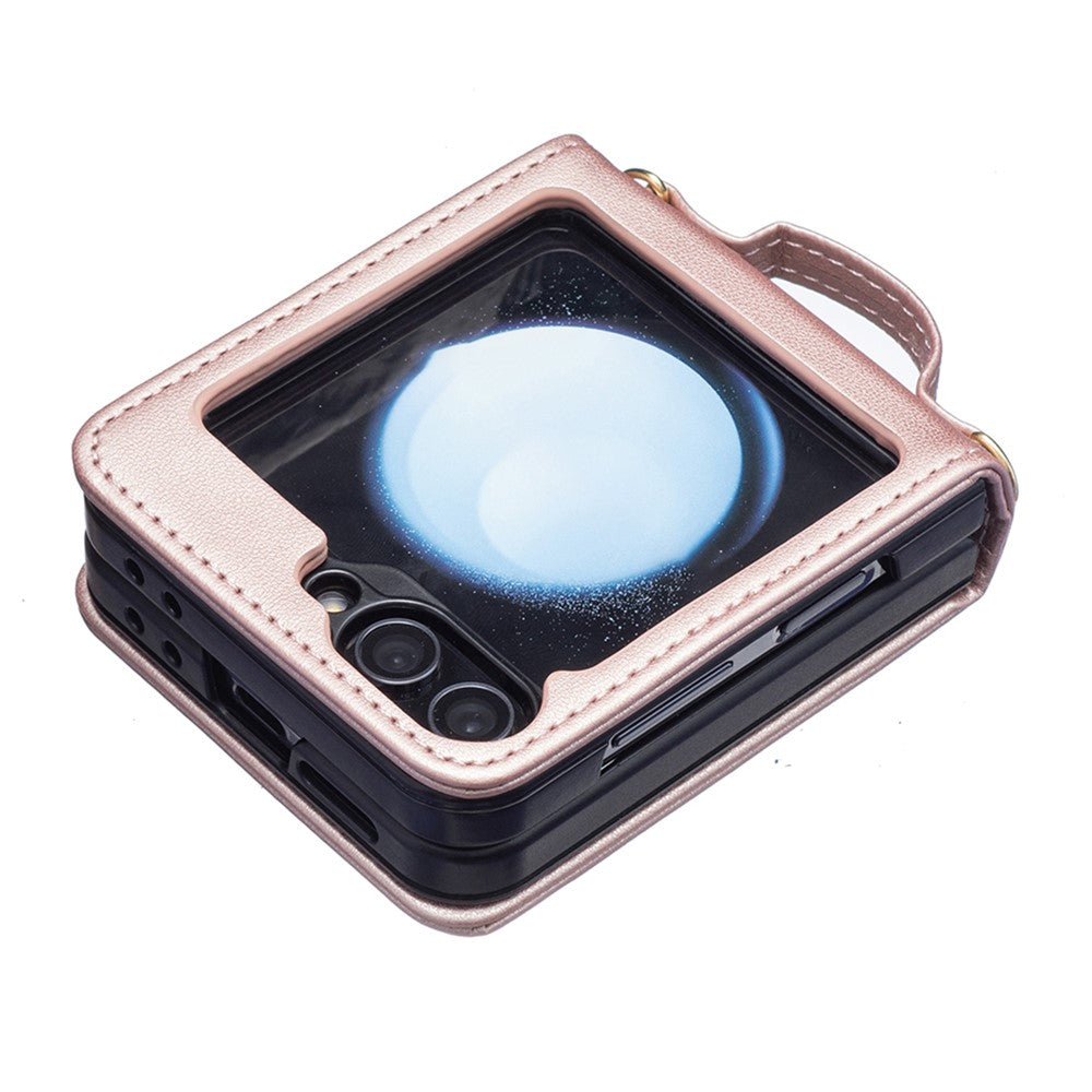 For Samsung Galaxy Z Flip7 FE 5G / Z Flip6 5G / Z Flip5 5G Leather Case V-Shape Grip Back Cover with Shoulder Strap - Rose Gold