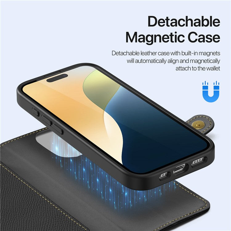 DUX DUCIS Lawa Series for iPhone 16 Pro Magnetic Case Zipper Wallet Detachable Cowhide Leather Cover - Black