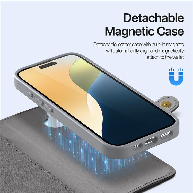 DUX DUCIS Lawa Series for iPhone 16 Magnetic Case Detachable Zipper Wallet Cowhide Leather Cover - Grey
