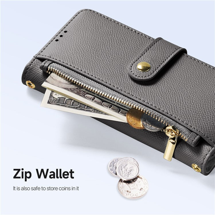 DUX DUCIS Lawa Series for iPhone 16 Magnetic Case Detachable Zipper Wallet Cowhide Leather Cover - Grey