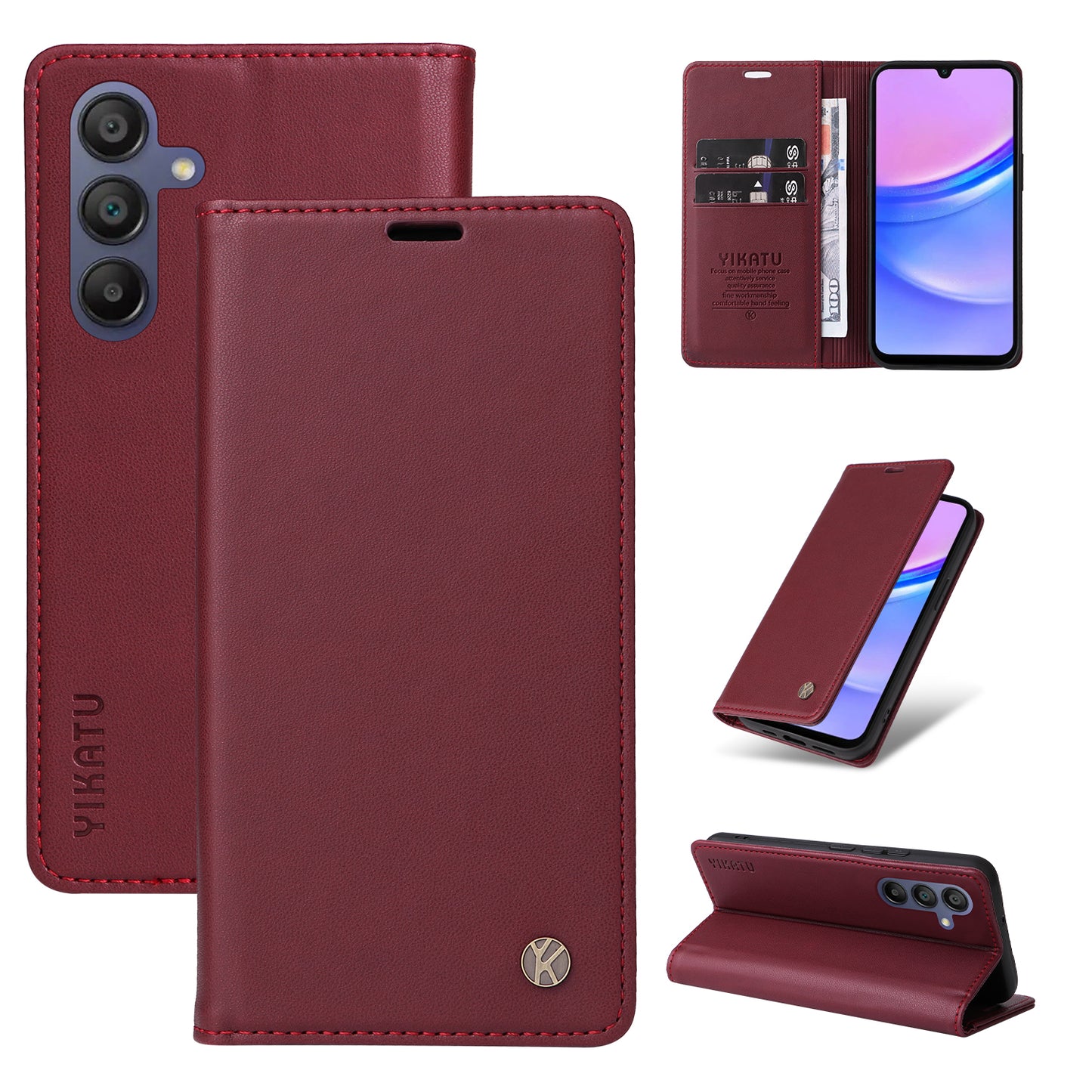 YIKATU YK-001 For Samsung Galaxy A16 5G / A16 4G Case Stand Leather Phone Cover Strong Magnetic Closure - Wine Red