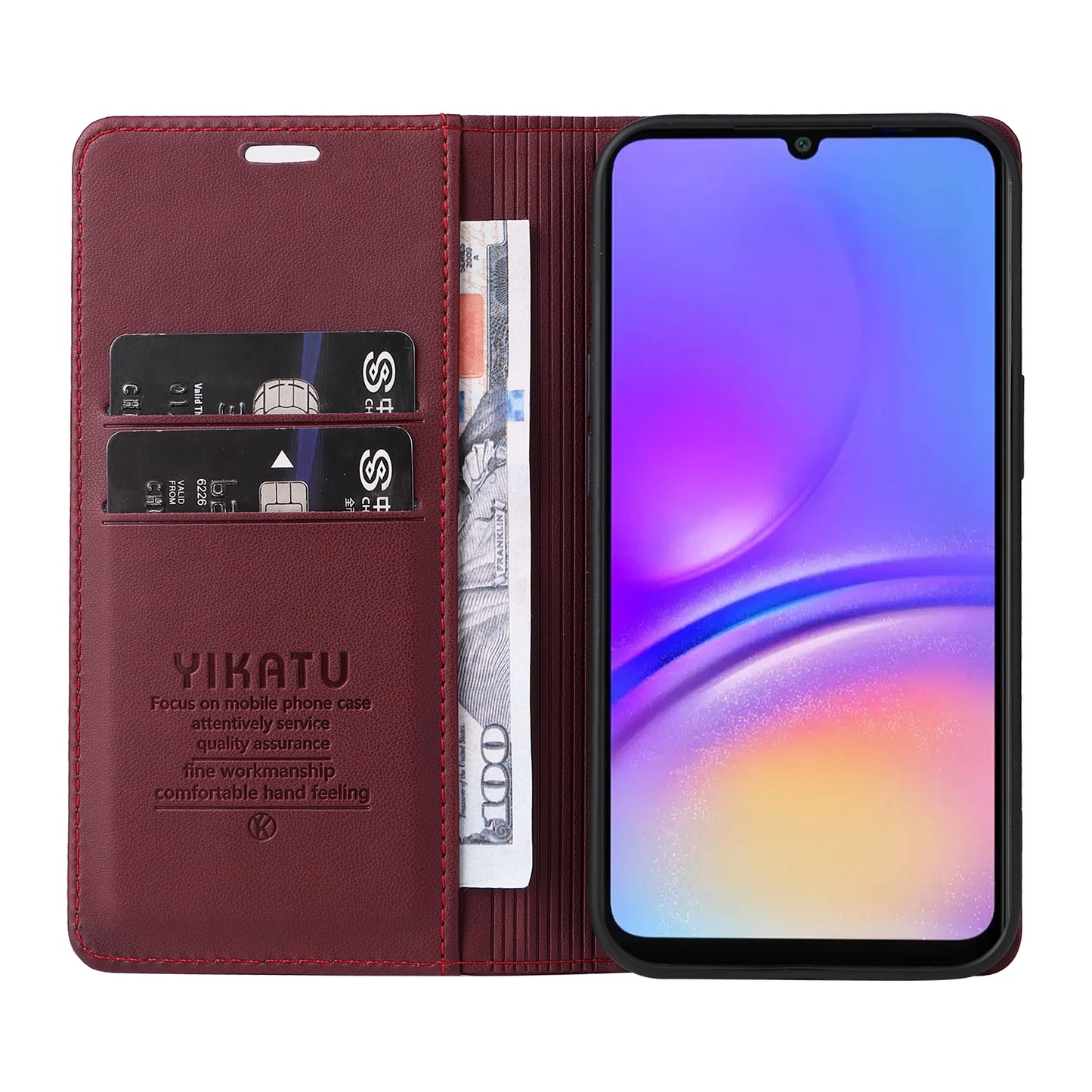 YIKATU YK-001 For Samsung Galaxy A06 Case Stand Leather Phone Cover Strong Magnetic Closure - Wine Red