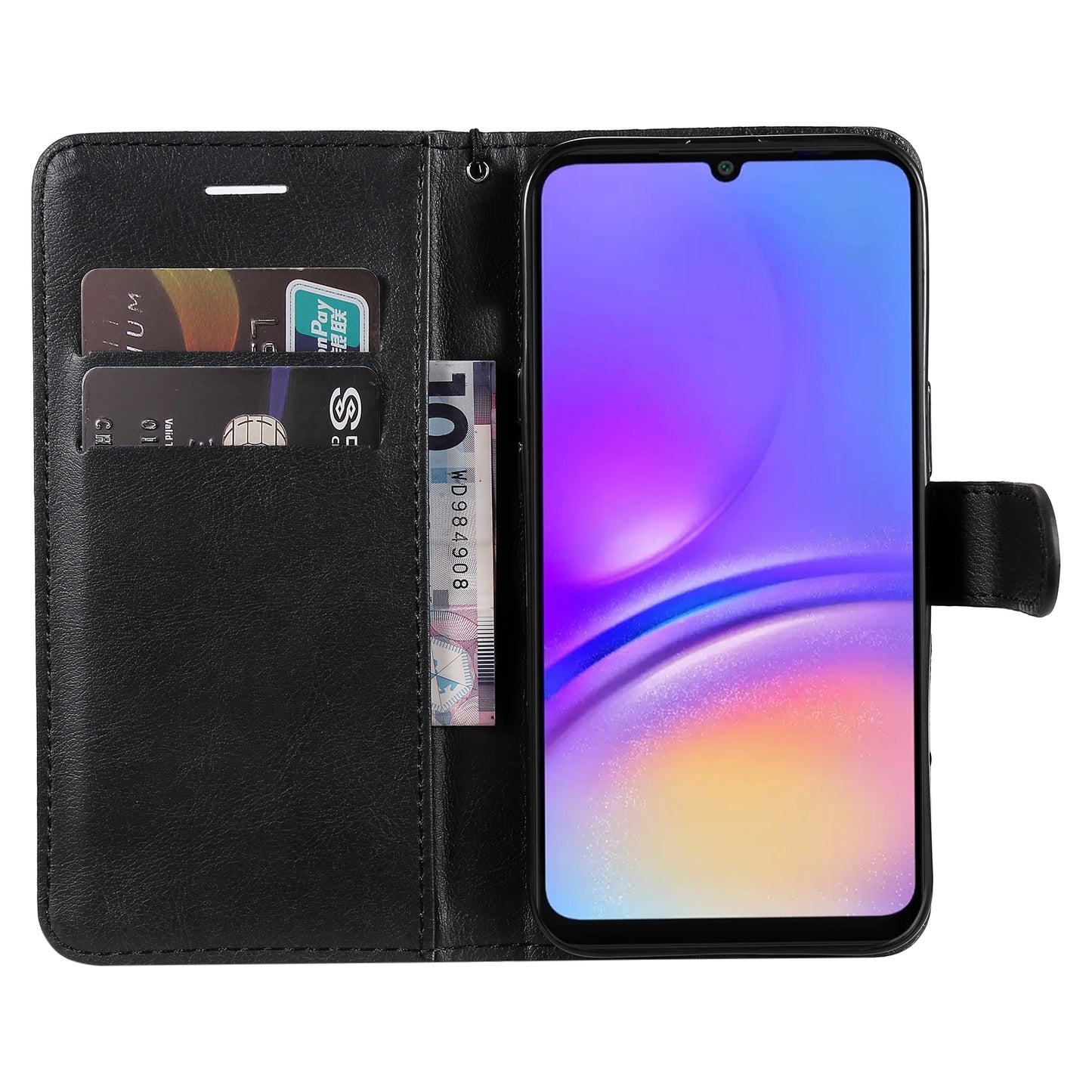 KT Leather Series-2 for Samsung Galaxy A06 Case Solid Color Leather Phone Cover Wallet Stand - Black