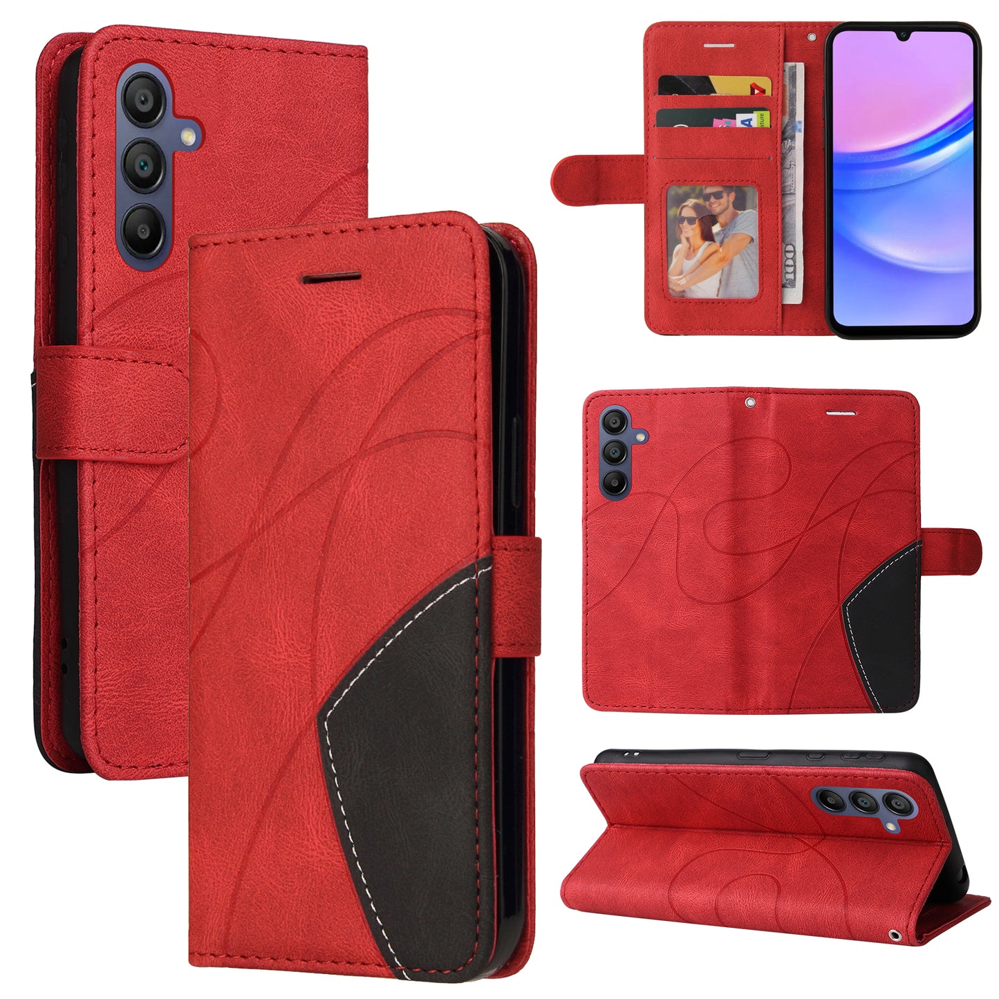 KT Leather Series-1 For Samsung Galaxy A16 5G / A16 4G Leather Case Color Splicing Phone Cover Wallet Stand - Red