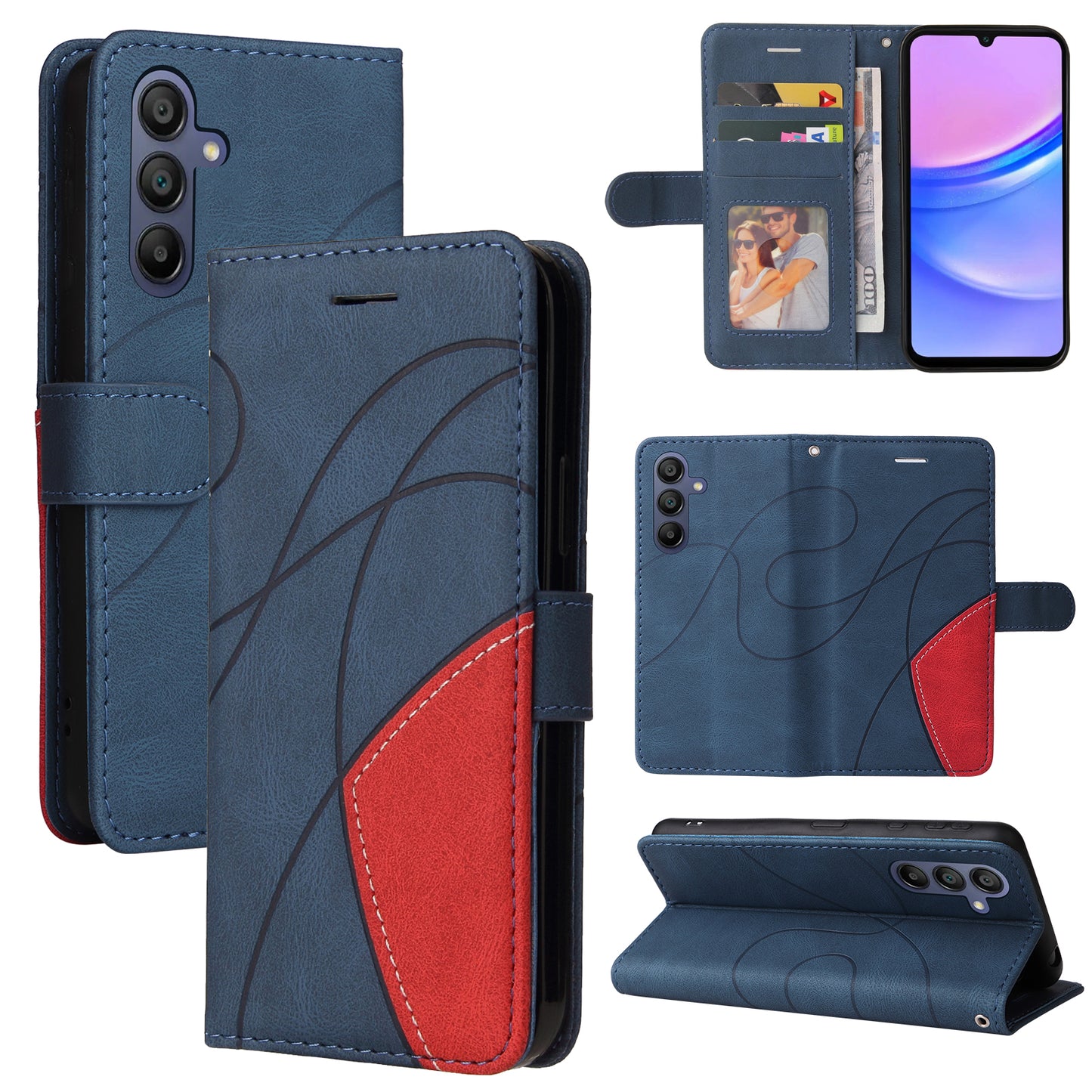 KT Leather Series-1 For Samsung Galaxy A16 5G / A16 4G Leather Case Color Splicing Phone Cover Wallet Stand - Blue