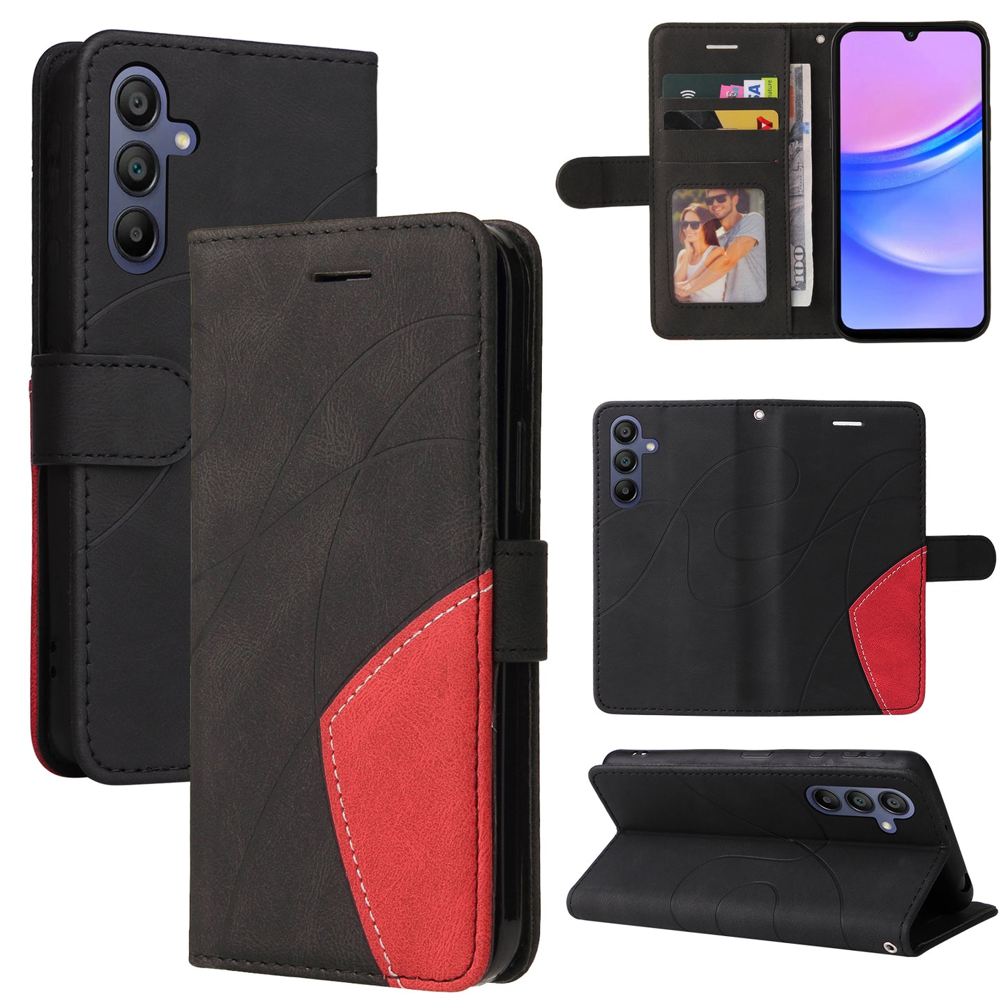 KT Leather Series-1 For Samsung Galaxy A16 5G / A16 4G Leather Case Color Splicing Phone Cover Wallet Stand - Black