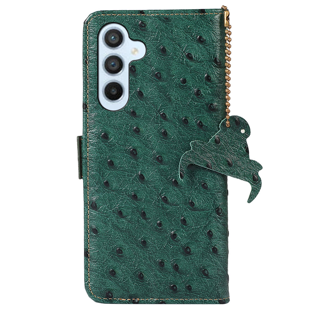 For Samsung Galaxy A16 5G / A16 4G Case Genuine Cow Phone Cover Ostrich Texture RFID Blocking Card Holder - Green