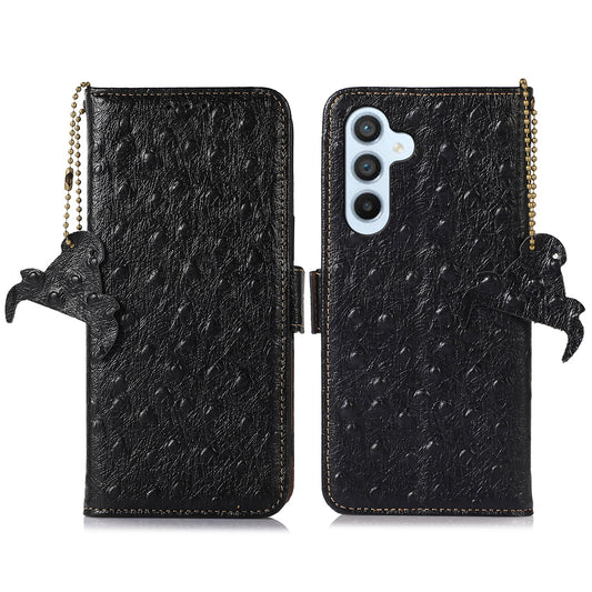 For Samsung Galaxy A16 5G / A16 4G Case Genuine Cow Phone Cover Ostrich Texture RFID Blocking Card Holder - Black