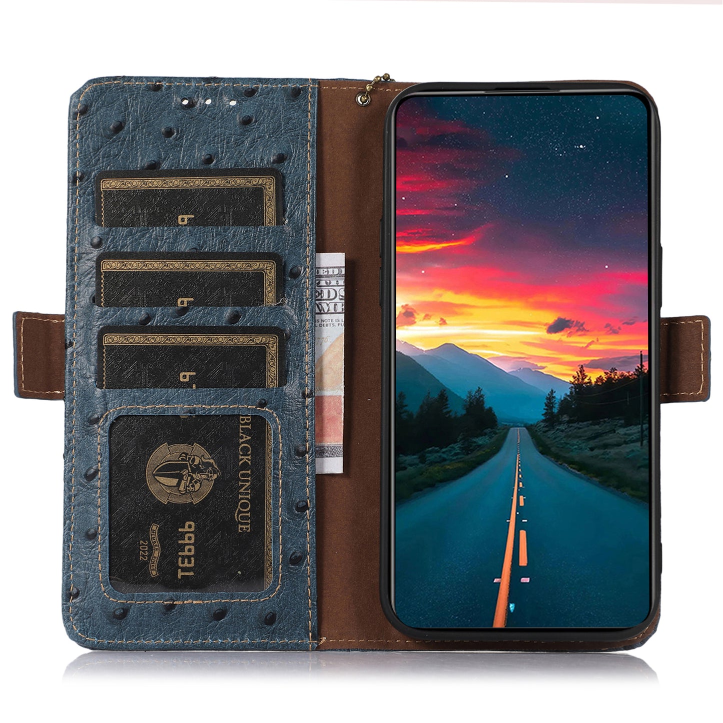 For Samsung Galaxy A16 5G / A16 4G Case Genuine Cow Phone Cover Ostrich Texture RFID Blocking Card Holder - Blue
