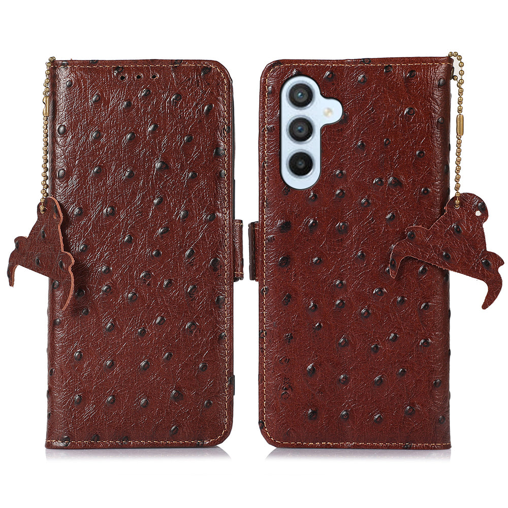 For Samsung Galaxy A16 5G / A16 4G Case Genuine Cow Phone Cover Ostrich Texture RFID Blocking Card Holder - Coffee