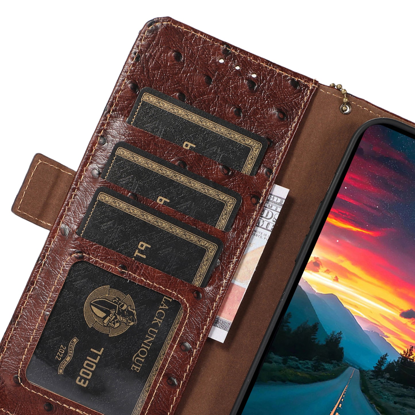 For Samsung Galaxy A16 5G / A16 4G Case Genuine Cow Phone Cover Ostrich Texture RFID Blocking Card Holder - Coffee