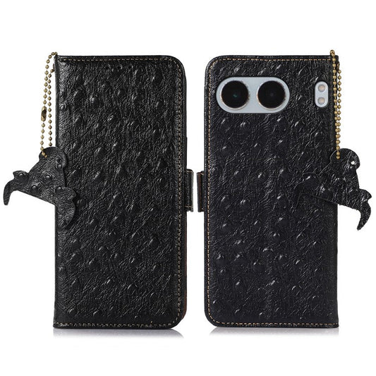 For OnePlus Nord 4 Case RFID Blocking Genuine Cow Leather Phone Case Ostrich Texture - Black