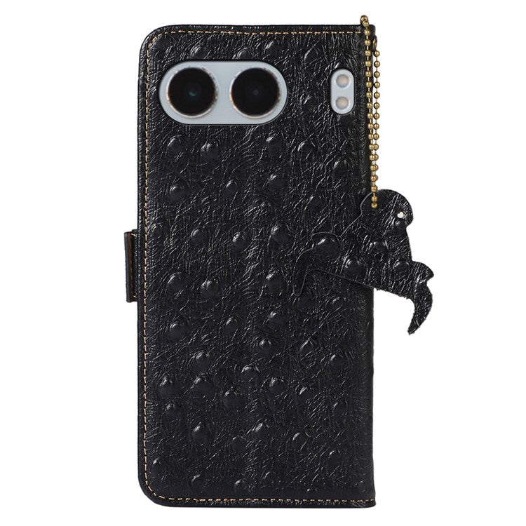 For OnePlus Nord 4 Case RFID Blocking Genuine Cow Leather Phone Case Ostrich Texture - Black
