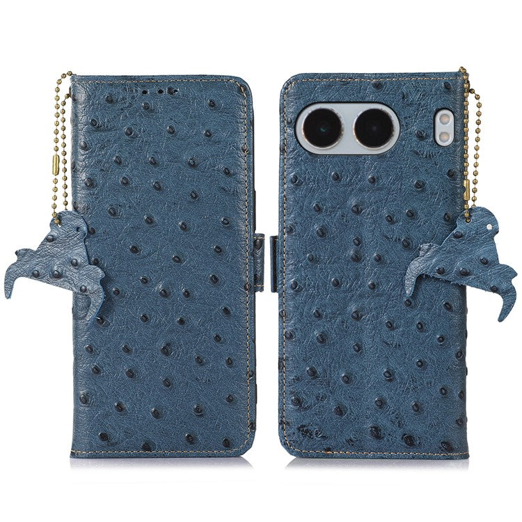For OnePlus Nord 4 Case RFID Blocking Genuine Cow Leather Phone Case Ostrich Texture - Blue