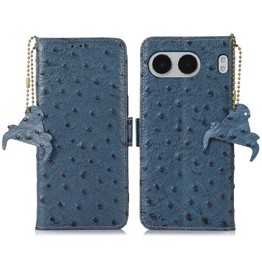 For OnePlus Nord 4 Case RFID Blocking Genuine Cow Leather Phone Case Ostrich Texture - Blue
