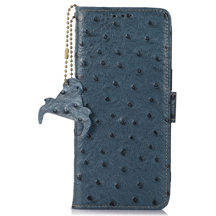 For OnePlus Nord 4 Case RFID Blocking Genuine Cow Leather Phone Case Ostrich Texture - Blue