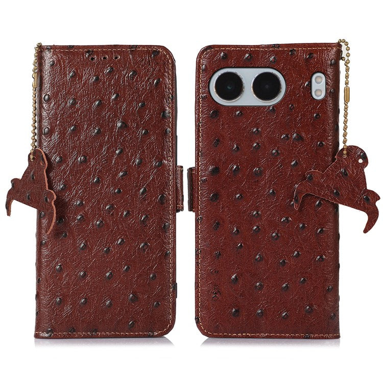 For OnePlus Nord 4 Case RFID Blocking Genuine Cow Leather Phone Case Ostrich Texture - Coffee