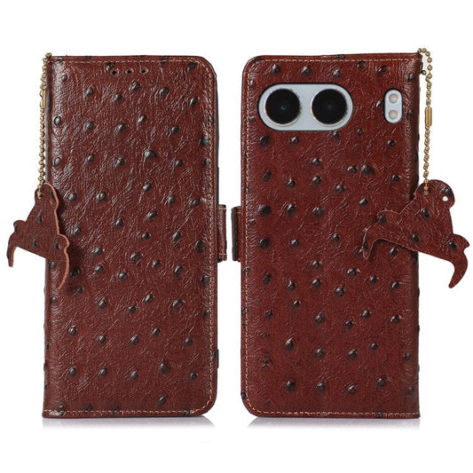 For OnePlus Nord 4 Case RFID Blocking Genuine Cow Leather Phone Case Ostrich Texture - Coffee