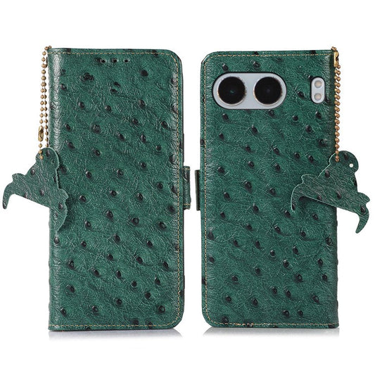 For OnePlus Nord 4 Case RFID Blocking Genuine Cow Leather Phone Case Ostrich Texture - Green