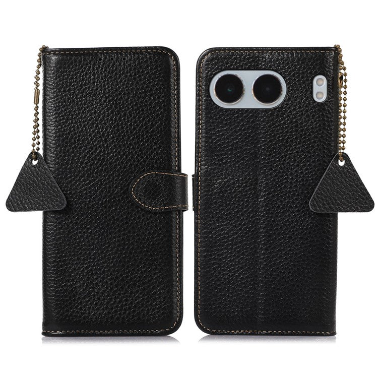 For OnePlus Nord 4 Case RFID Blocking Litchi Texture Genuine Cow Leather Phone Cover - Black