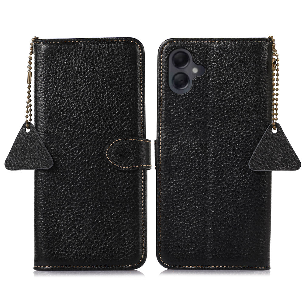 For Samsung Galaxy A06 Case RFID Blocking Litchi Texture Genuine Cow Leather Phone Cover - Black