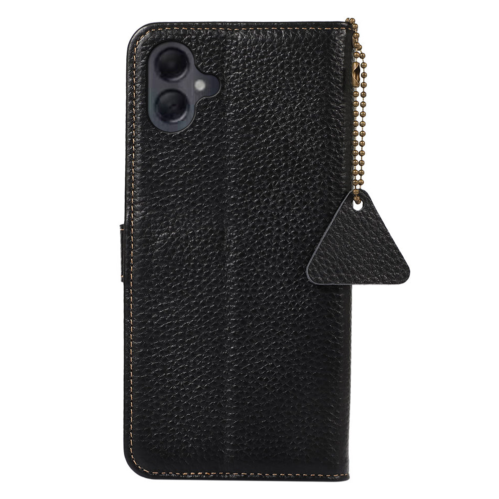 For Samsung Galaxy A06 Case RFID Blocking Litchi Texture Genuine Cow Leather Phone Cover - Black