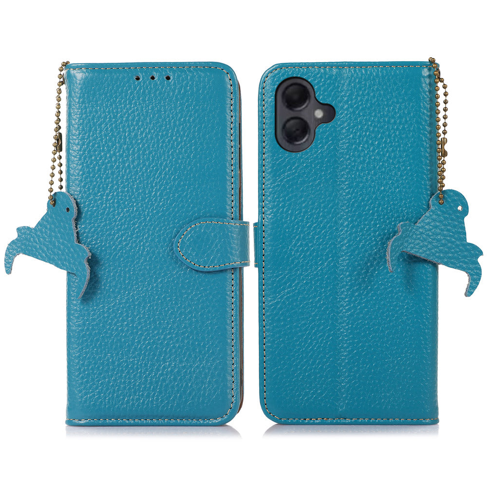 For Samsung Galaxy A06 Case RFID Blocking Litchi Texture Genuine Cow Leather Phone Cover - Blue