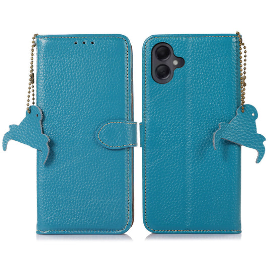 For Samsung Galaxy A06 Case RFID Blocking Litchi Texture Genuine Cow Leather Phone Cover - Blue