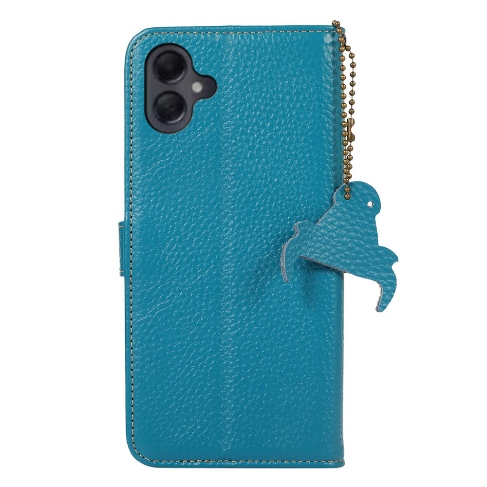 For Samsung Galaxy A06 Case RFID Blocking Litchi Texture Genuine Cow Leather Phone Cover - Blue