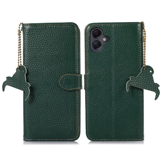 For Samsung Galaxy A06 Case RFID Blocking Litchi Texture Genuine Cow Leather Phone Cover - Green