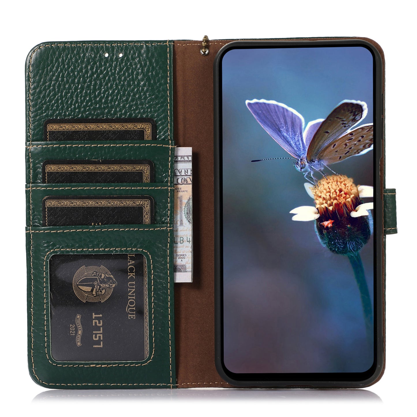 For Samsung Galaxy A06 Case RFID Blocking Litchi Texture Genuine Cow Leather Phone Cover - Green