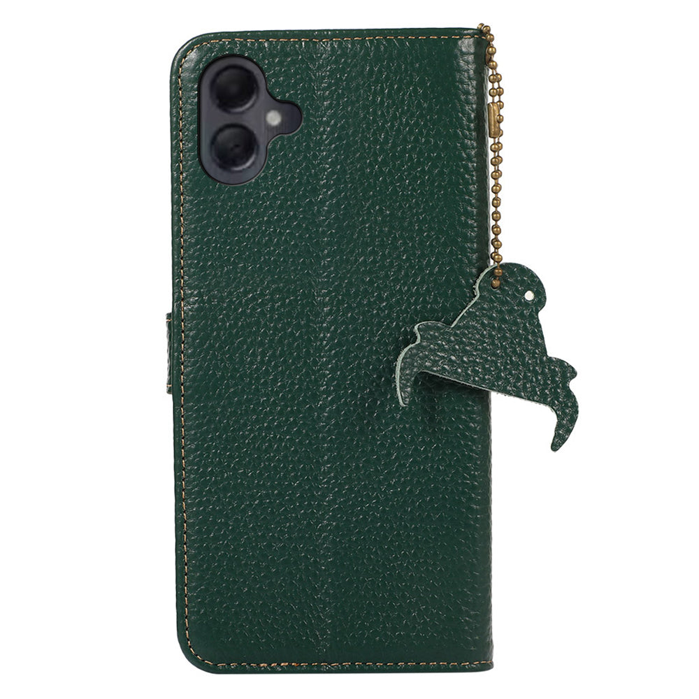 For Samsung Galaxy A06 Case RFID Blocking Litchi Texture Genuine Cow Leather Phone Cover - Green