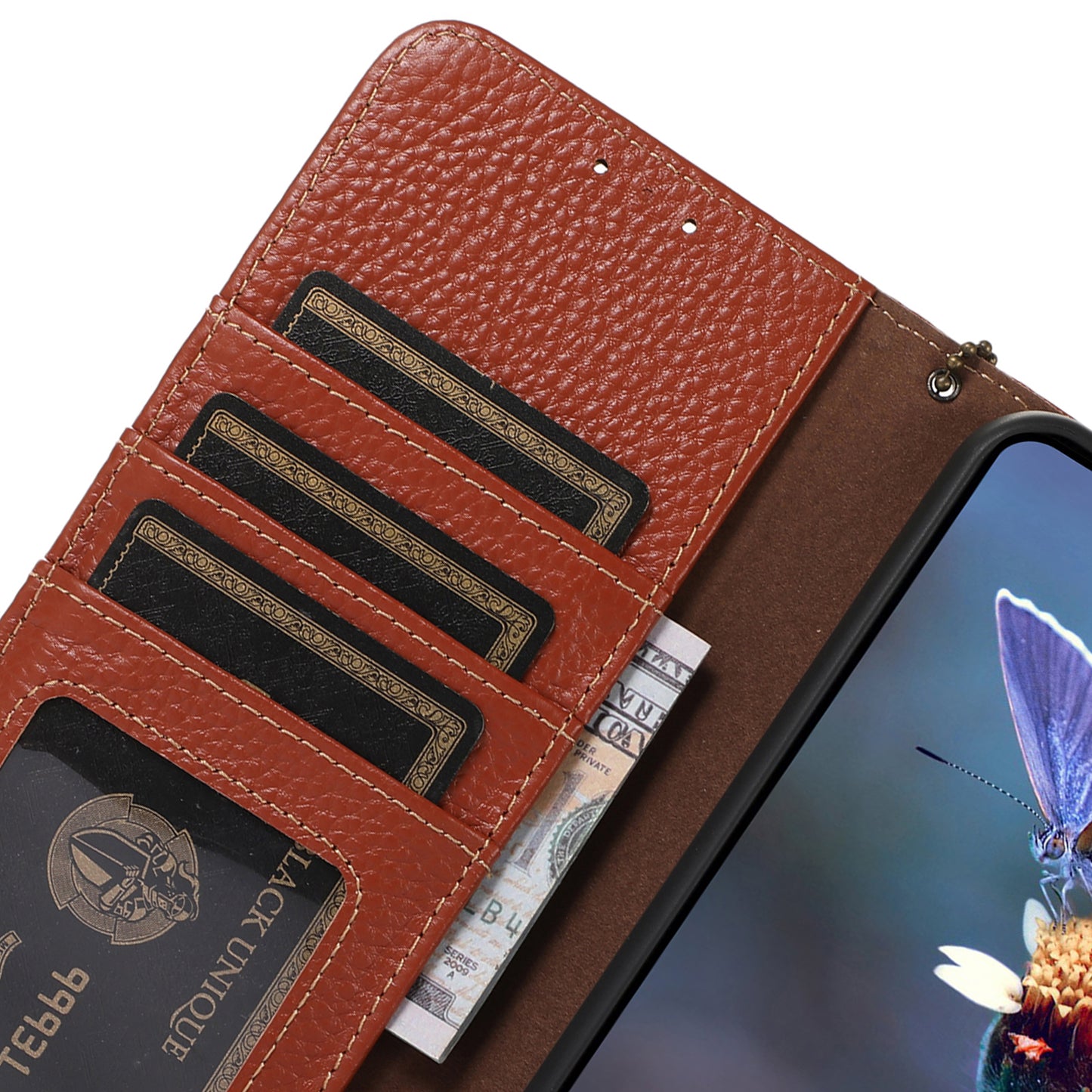 For Samsung Galaxy A06 Case RFID Blocking Litchi Texture Genuine Cow Leather Phone Cover  - Brown