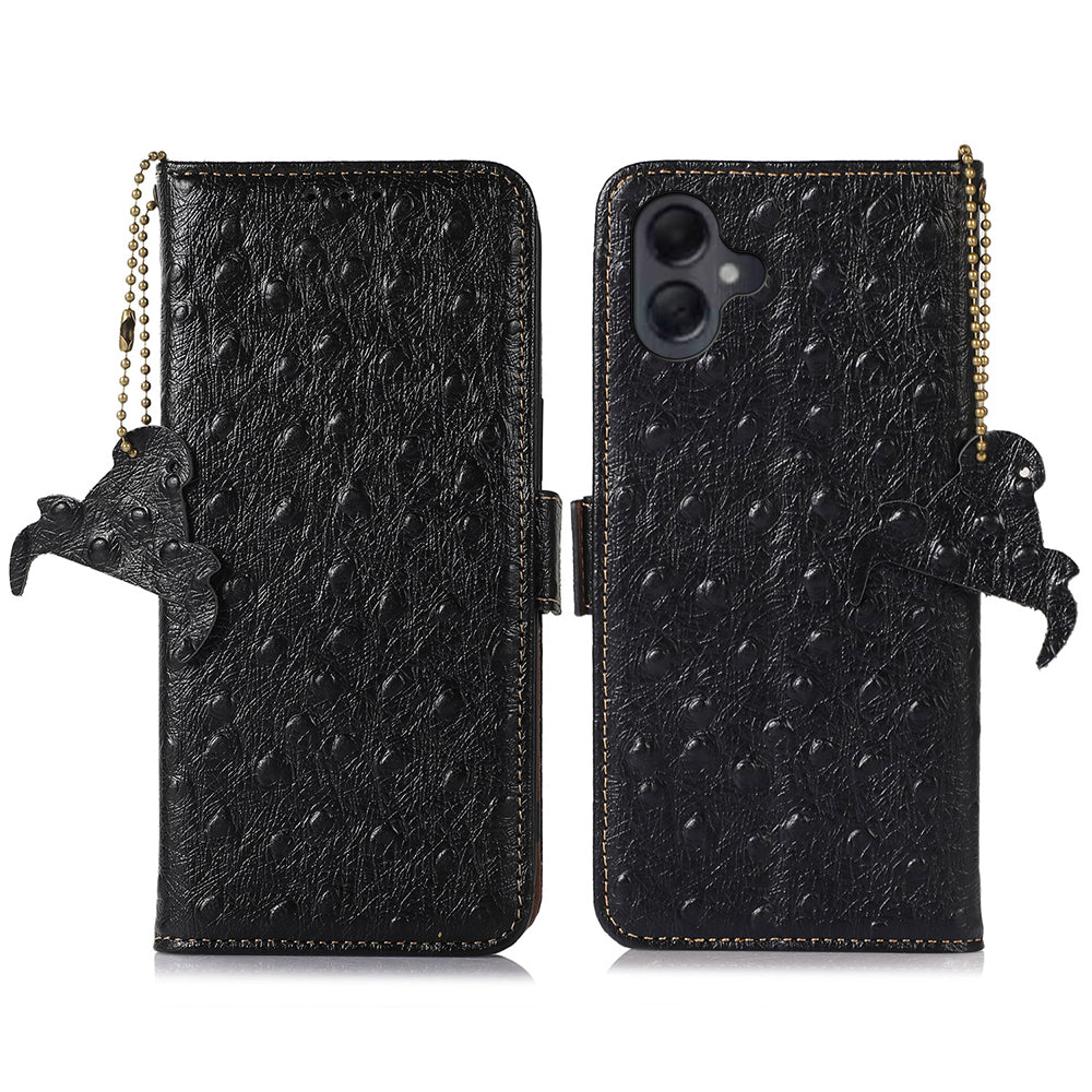 For Samsung Galaxy A06 Case RFID Blocking Genuine Cow Leather Phone Case Ostrich Texture - Black