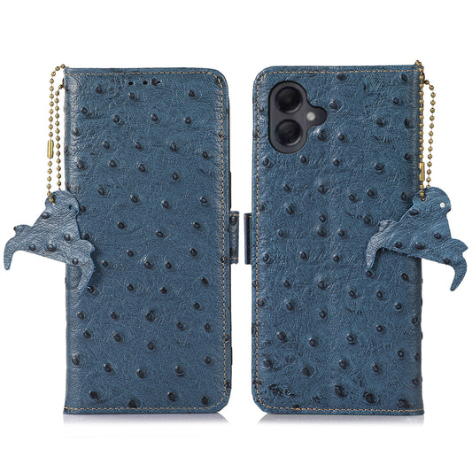 For Samsung Galaxy A06 Case RFID Blocking Genuine Cow Leather Phone Case Ostrich Texture - Blue