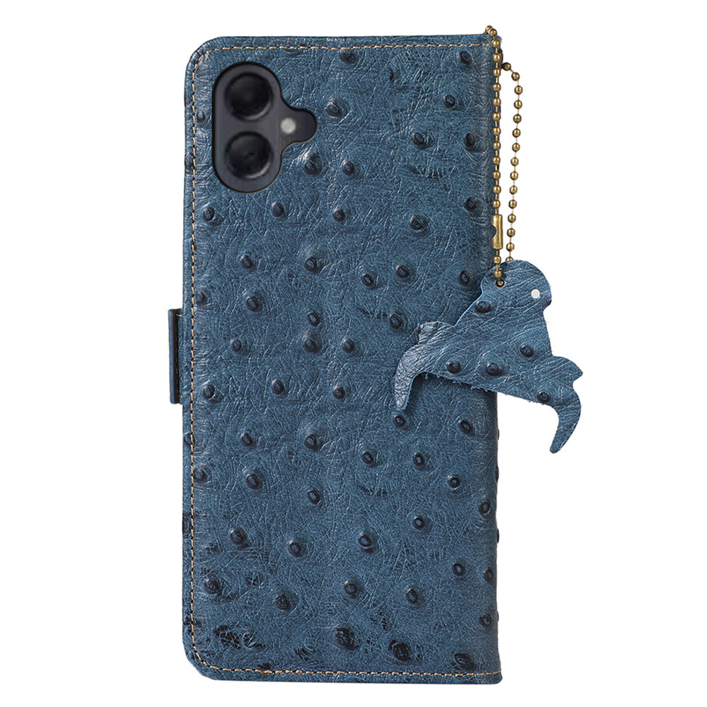 For Samsung Galaxy A06 Case RFID Blocking Genuine Cow Leather Phone Case Ostrich Texture - Blue