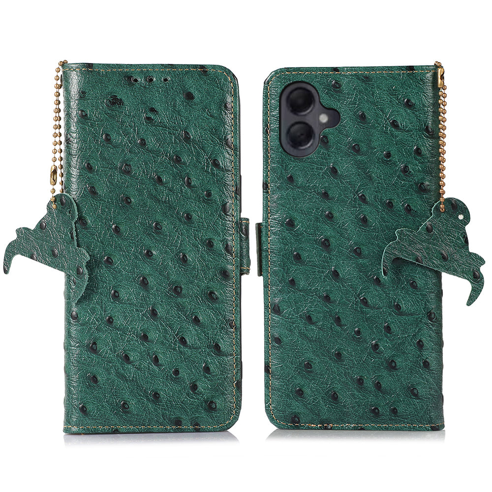 For Samsung Galaxy A06 Case RFID Blocking Genuine Cow Leather Phone Case Ostrich Texture - Green