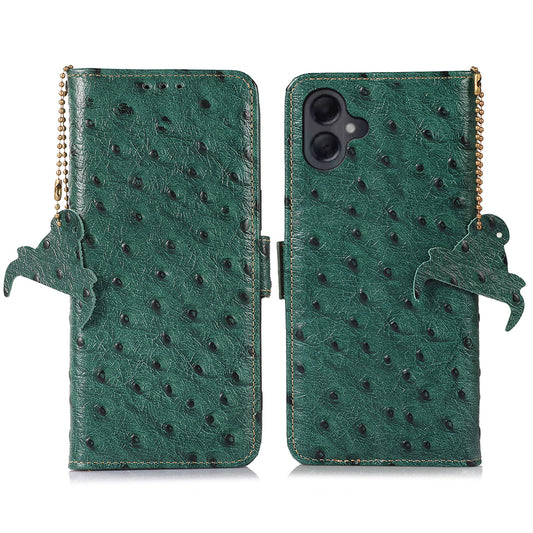 For Samsung Galaxy A06 Case RFID Blocking Genuine Cow Leather Phone Case Ostrich Texture - Green