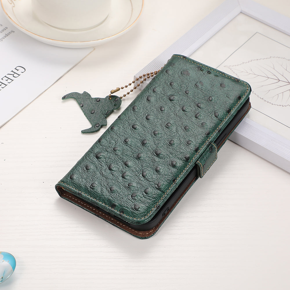 For Samsung Galaxy A06 Case RFID Blocking Genuine Cow Leather Phone Case Ostrich Texture - Green