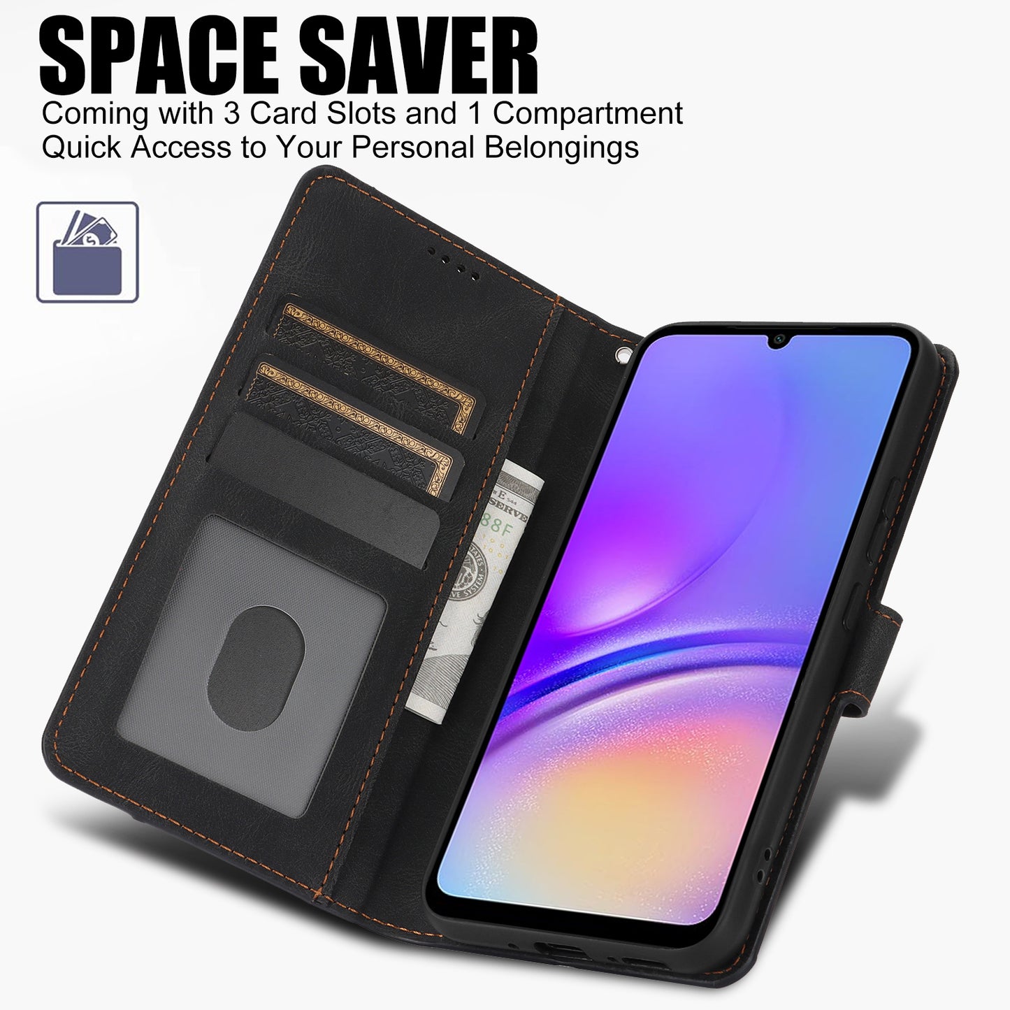 For Samsung Galaxy A06 Case PU Leather Phone Cover with Wallet Stand View - Black