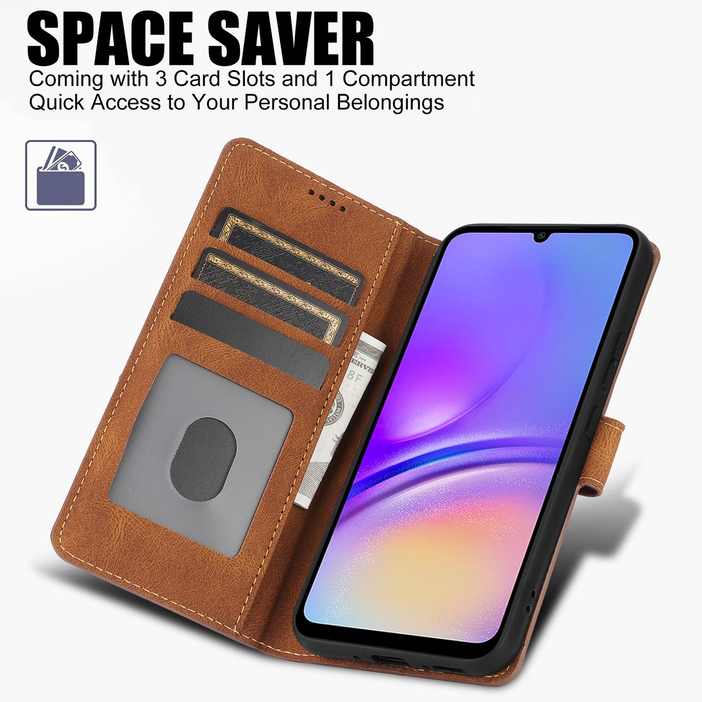 For Samsung Galaxy A06 Case PU Leather Phone Cover with Wallet Stand View - Brown